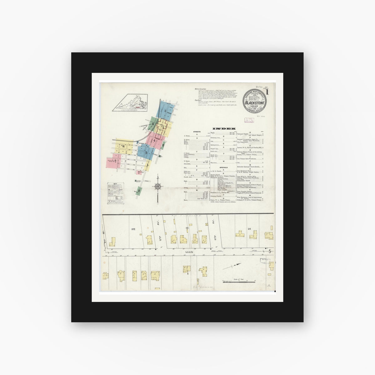 Old map wall art mockup — black gallery frame with white mat — Sanborn Fire Insurance Map from Blackstone, Nottoway County, Virginia (1913) - Complete Map Set