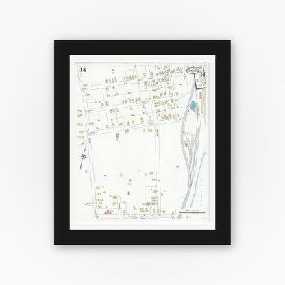 Old map wall art mockup — black gallery frame with white mat — Sanborn Fire Insurance Map from Towanda, Bradford County, Pennsylvania (1927), Sheet #0014