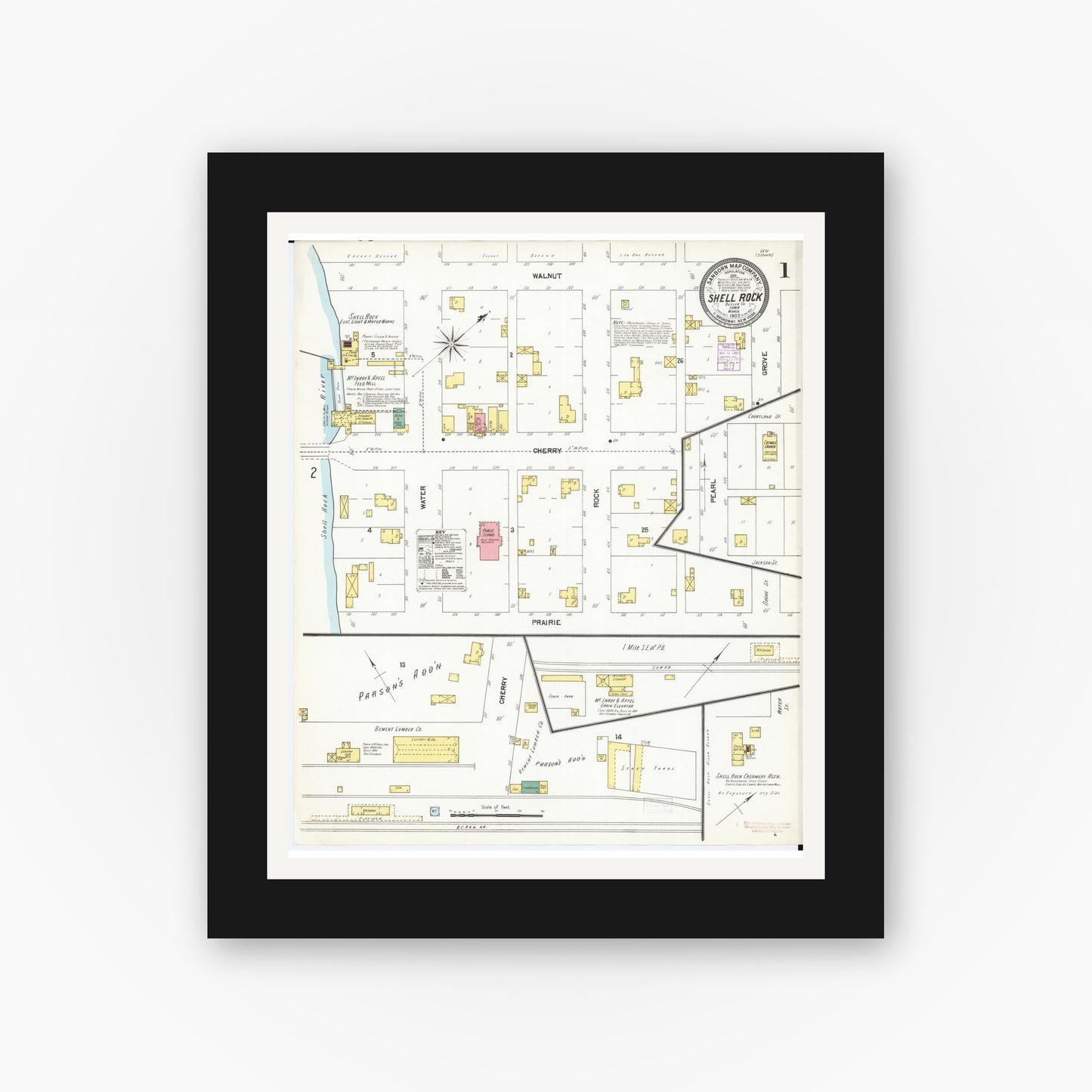 Old map wall art mockup — black gallery frame with white mat — Sanborn Fire Insurance Map from Shell Rock, Butler County, Iowa (1902), Sheet #0001