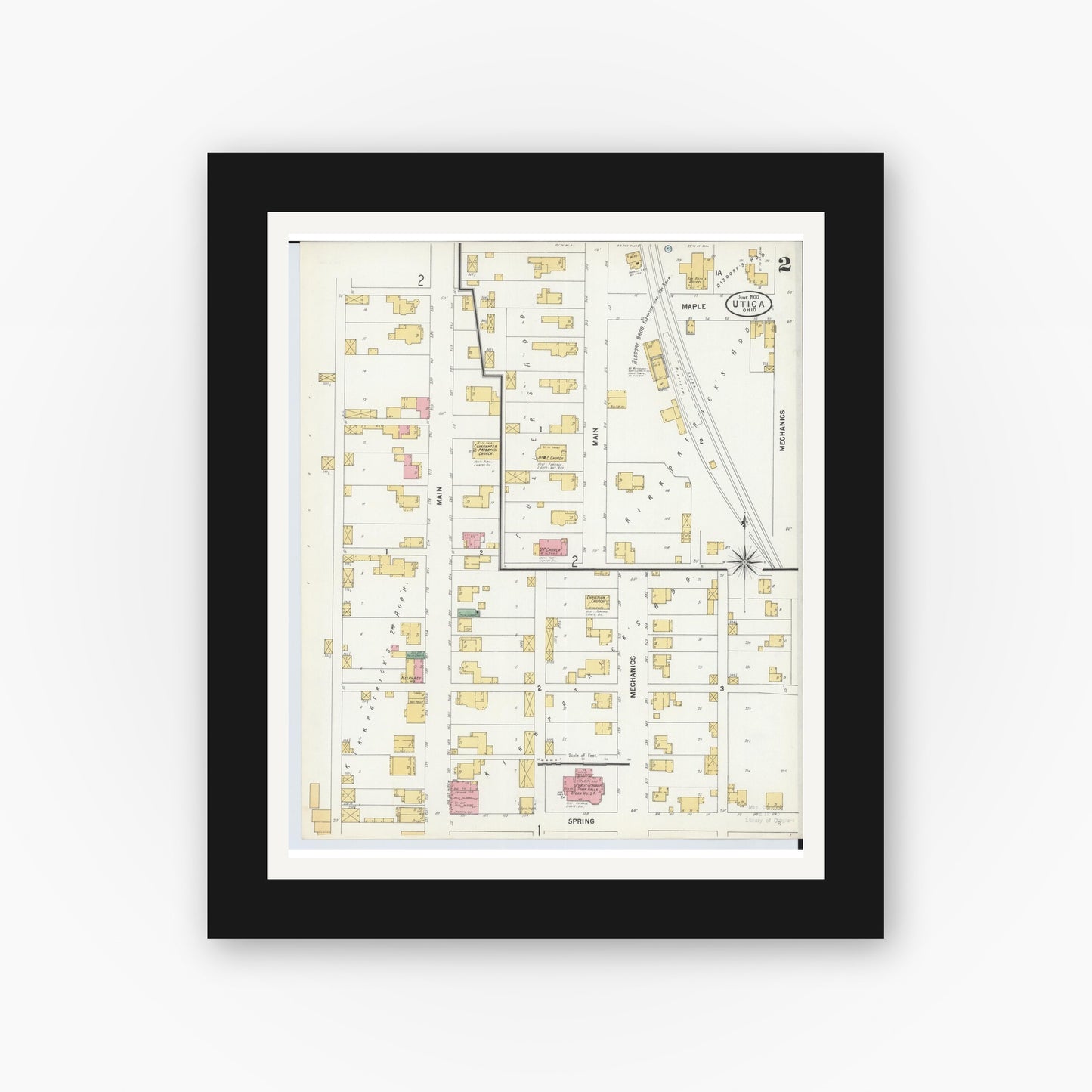 Old map wall art mockup — black gallery frame with white mat — Sanborn Fire Insurance Map from Utica, Licking County, Ohio (1900), Sheet #0002