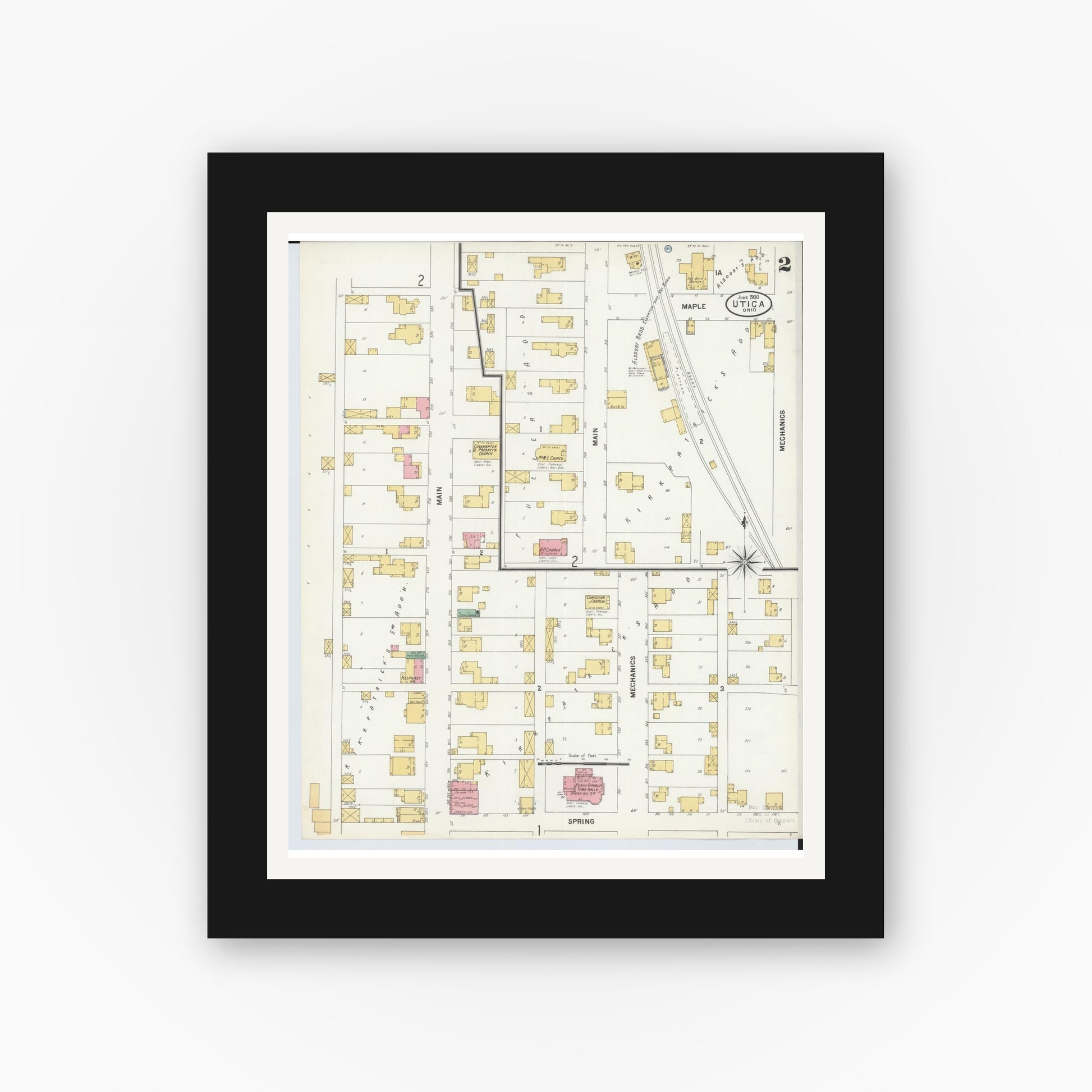 Old map wall art mockup — black gallery frame with white mat — Sanborn Fire Insurance Map from Utica, Licking County, Ohio (1900), Sheet #0002