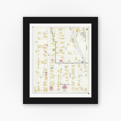 Old map wall art mockup — black gallery frame with white mat — Sanborn Fire Insurance Map from Utica, Licking County, Ohio (1900), Sheet #0002