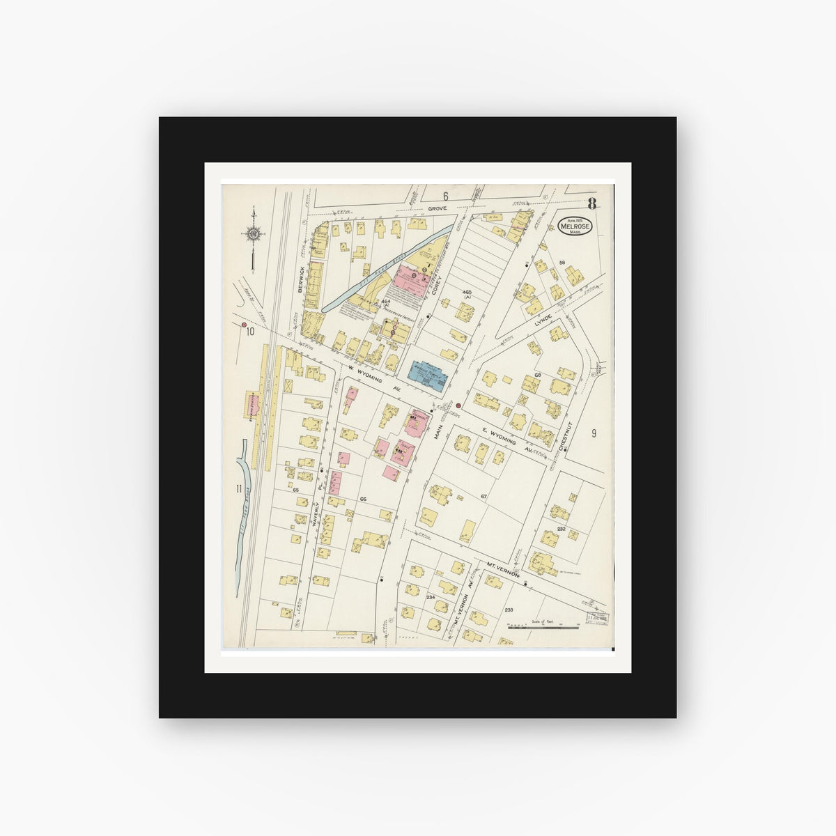 Old map wall art mockup — black gallery frame with white mat — Sanborn Fire Insurance Map from Melrose, Middlesex County, Massachusetts (1915), Sheet #0008