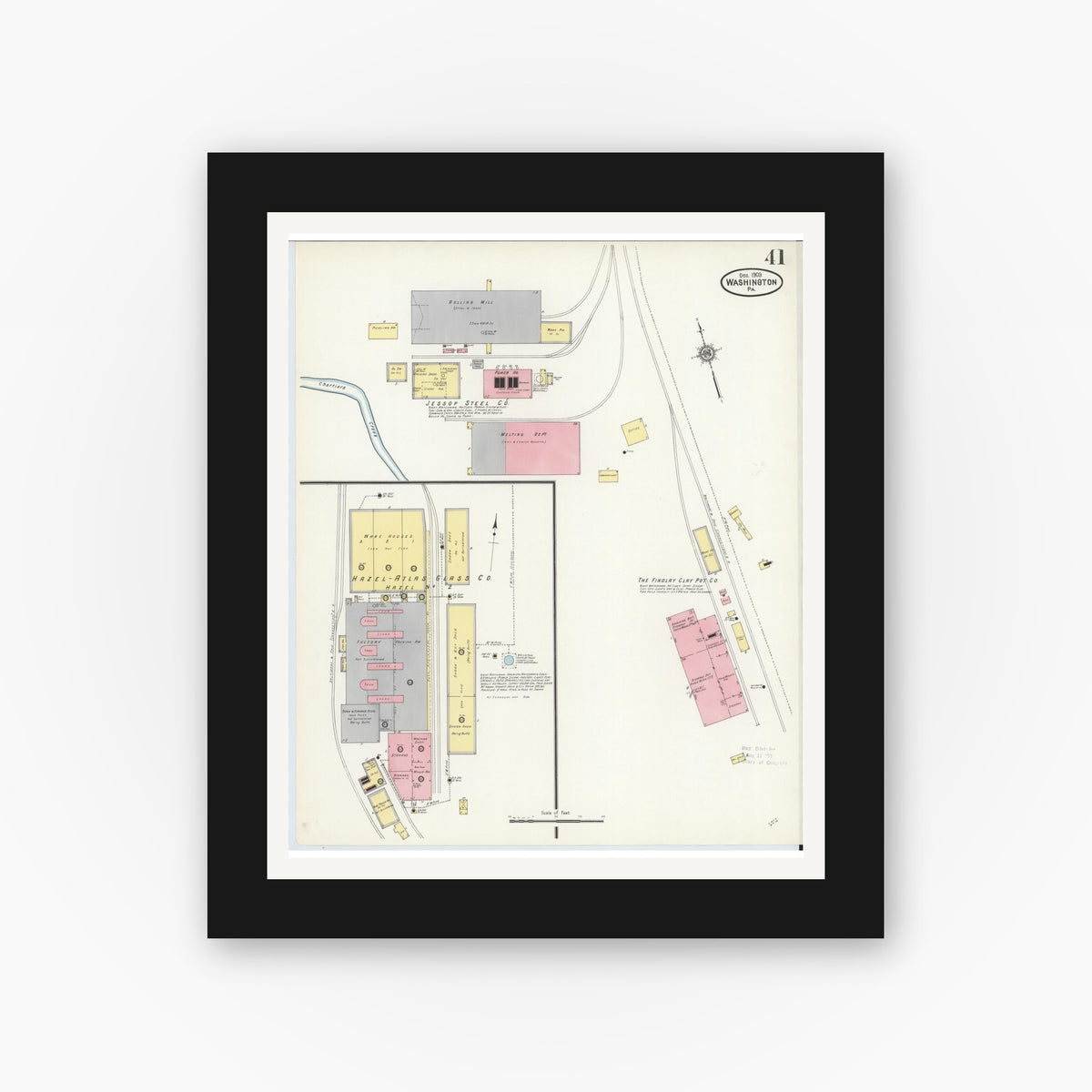 Old map wall art mockup — black gallery frame with white mat — Sanborn Fire Insurance Map from Washington, Washington County, Pennsylvania (1909), Sheet #0041