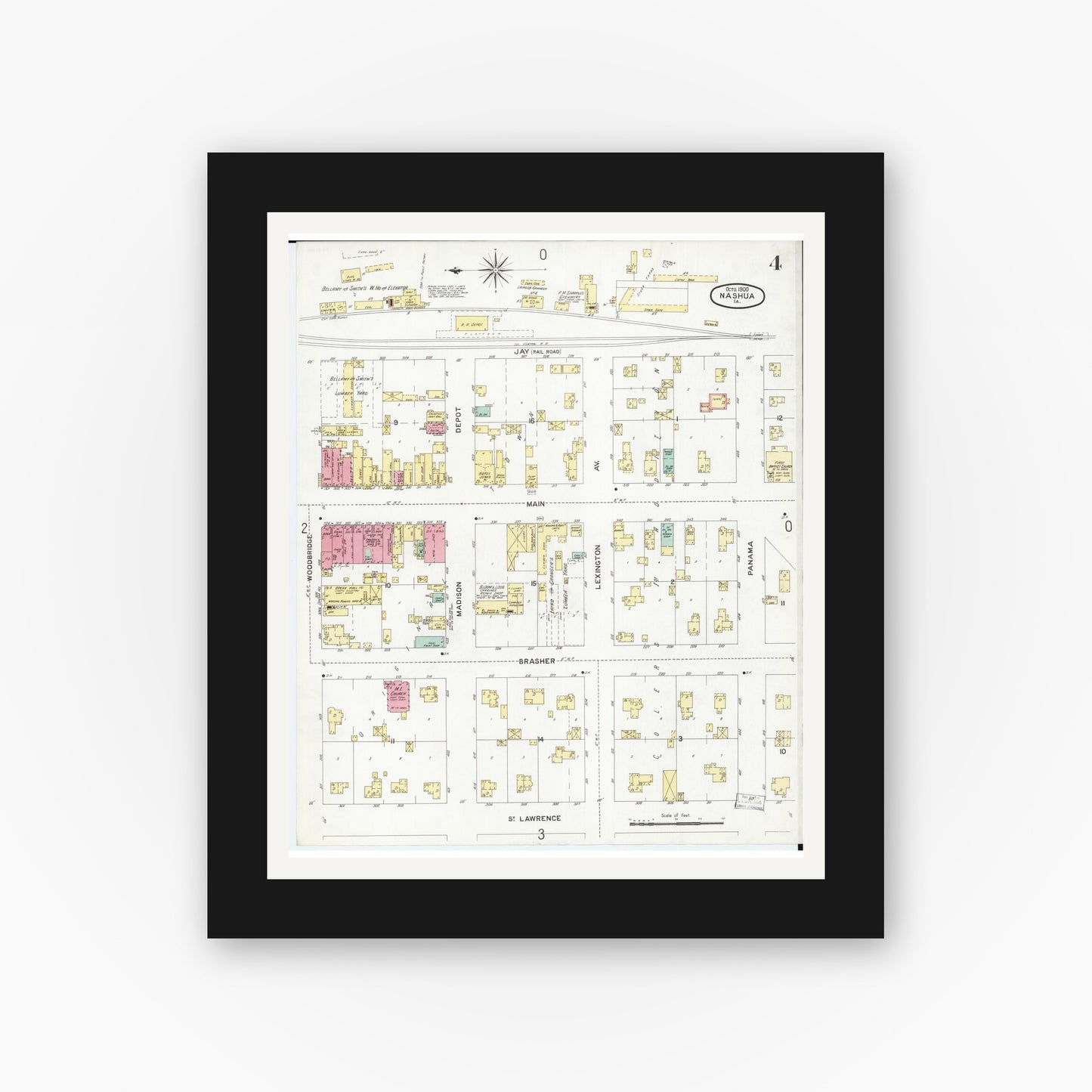 Old map wall art mockup — black gallery frame with white mat — Sanborn Fire Insurance Map from Nashua, Chickasaw County, Iowa (1900), Sheet #0004