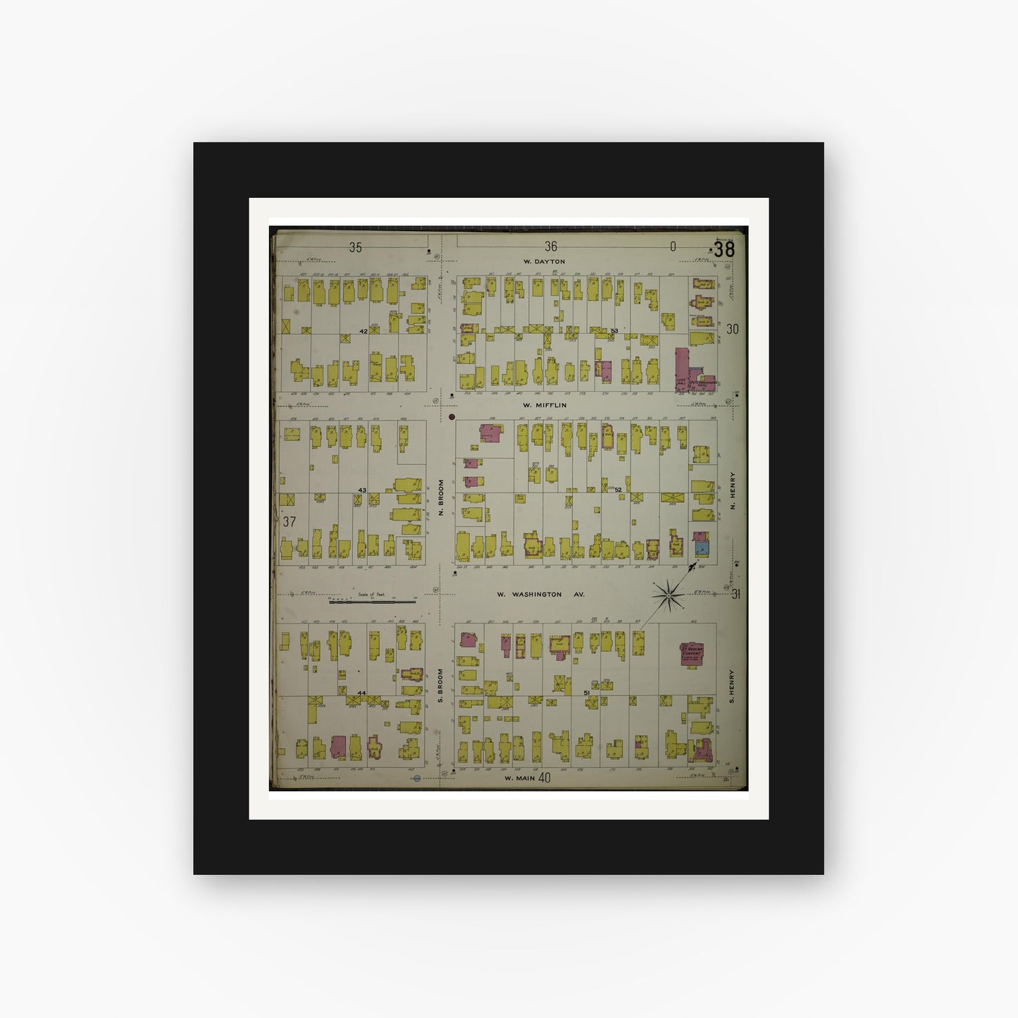 Old map wall art mockup — black gallery frame with white mat — Sanborn Fire Insurance Map from Madison, Dane County, Wisconsin (1908), Sheet #0038