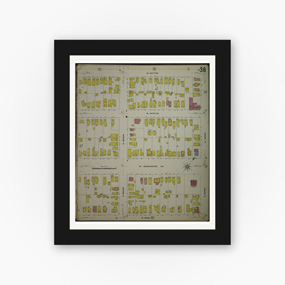 Old map wall art mockup — black gallery frame with white mat — Sanborn Fire Insurance Map from Madison, Dane County, Wisconsin (1908), Sheet #0038