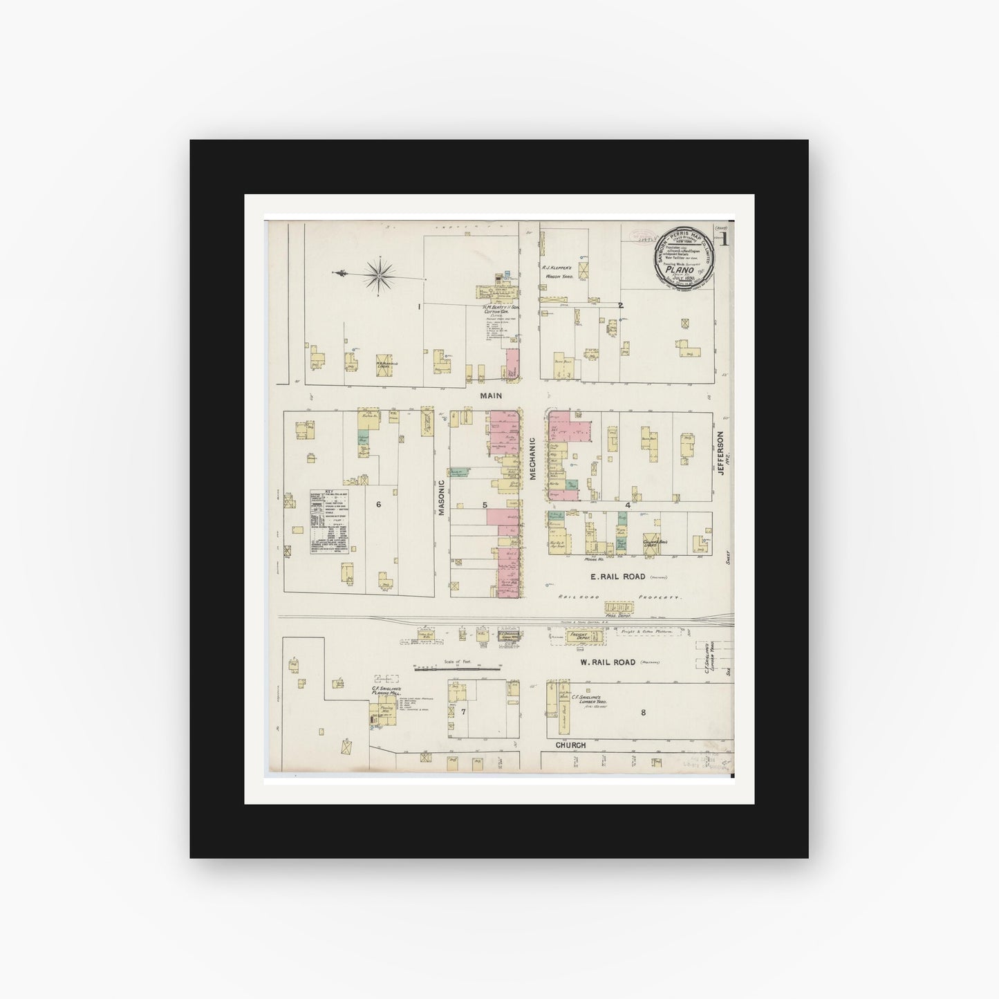 Old map wall art mockup — black gallery frame with white mat — Sanborn Fire Insurance Map from Plano, Collin County, Texas (1890), Sheet #0001
