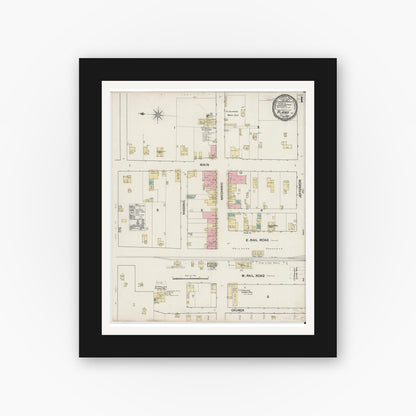 Old map wall art mockup — black gallery frame with white mat — Sanborn Fire Insurance Map from Plano, Collin County, Texas (1890), Sheet #0001