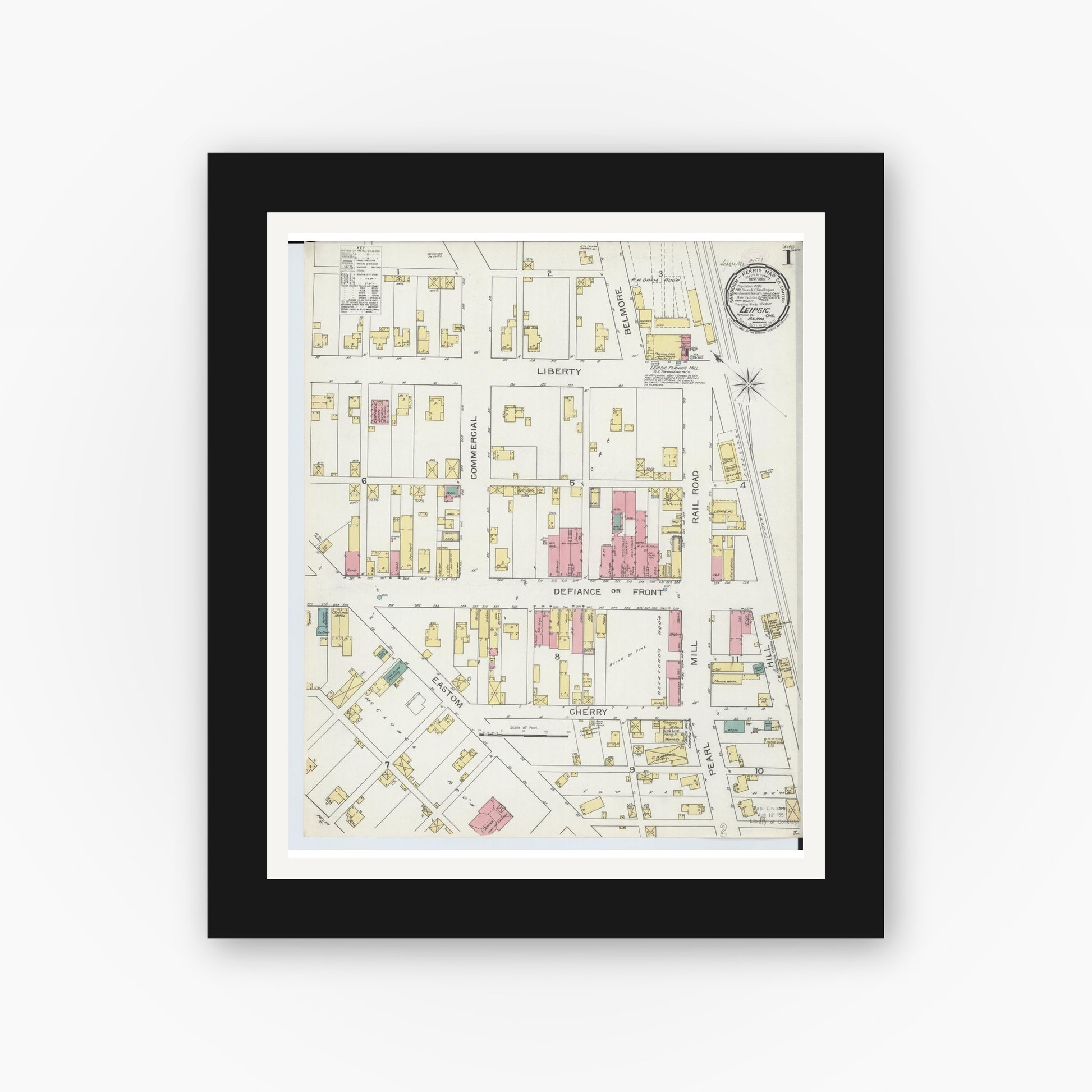 Old map wall art mockup — black gallery frame with white mat — Sanborn Fire Insurance Map from Leipsic, Putnam County, Ohio (1893), Sheet #0001