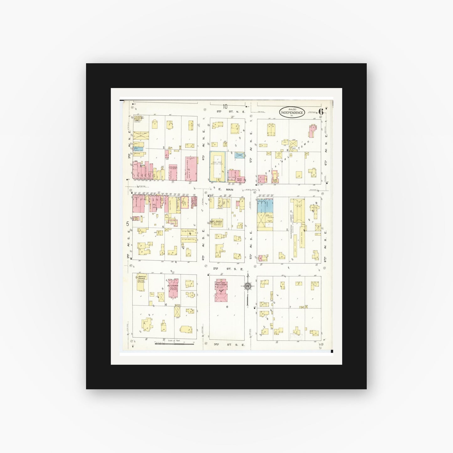 Old map wall art mockup — black gallery frame with white mat — Sanborn Fire Insurance Map from Independence, Buchanan County, Iowa (1913), Sheet #0006
