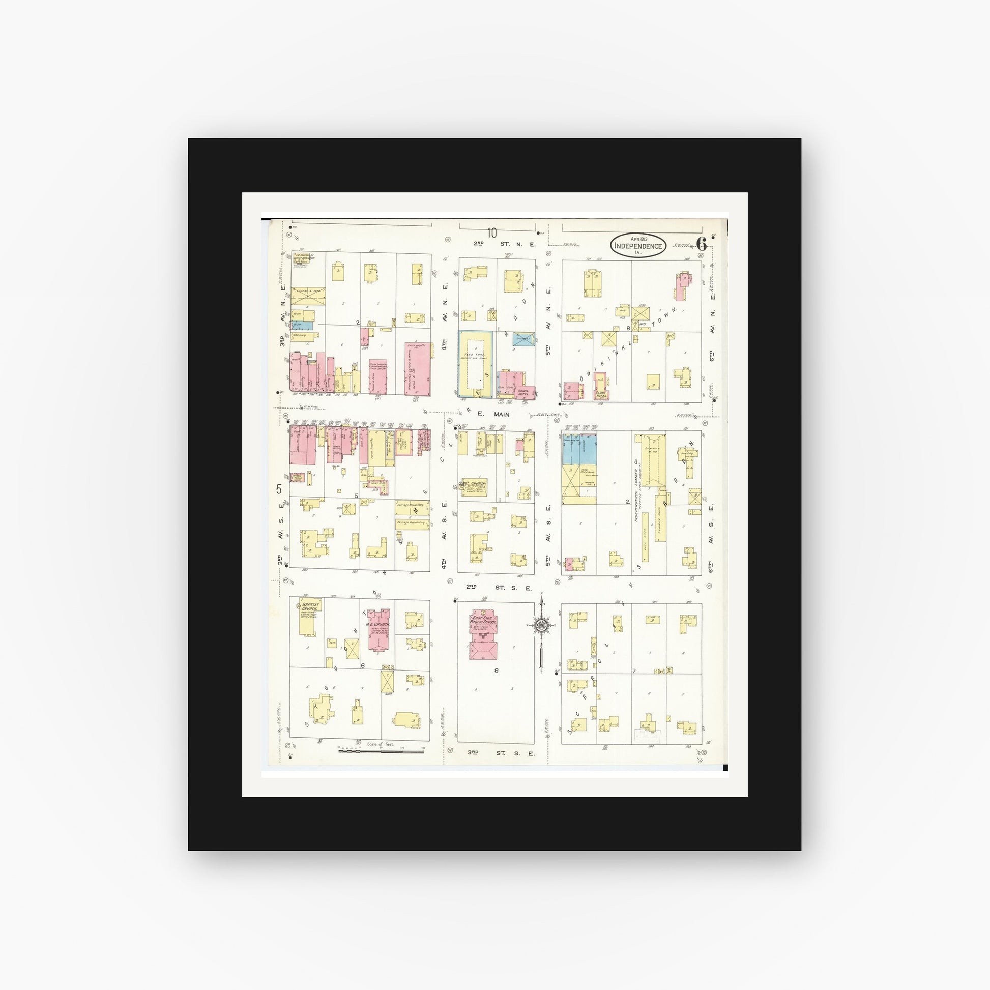 Old map wall art mockup — black gallery frame with white mat — Sanborn Fire Insurance Map from Independence, Buchanan County, Iowa (1913), Sheet #0006