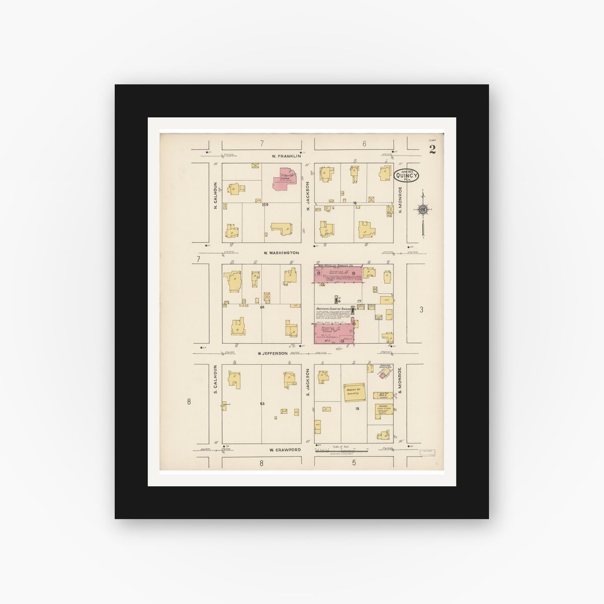 Old map wall art mockup — black gallery frame with white mat — Sanborn Fire Insurance Map from Quincy, Gadsden County, Florida (1922), Sheet #0002