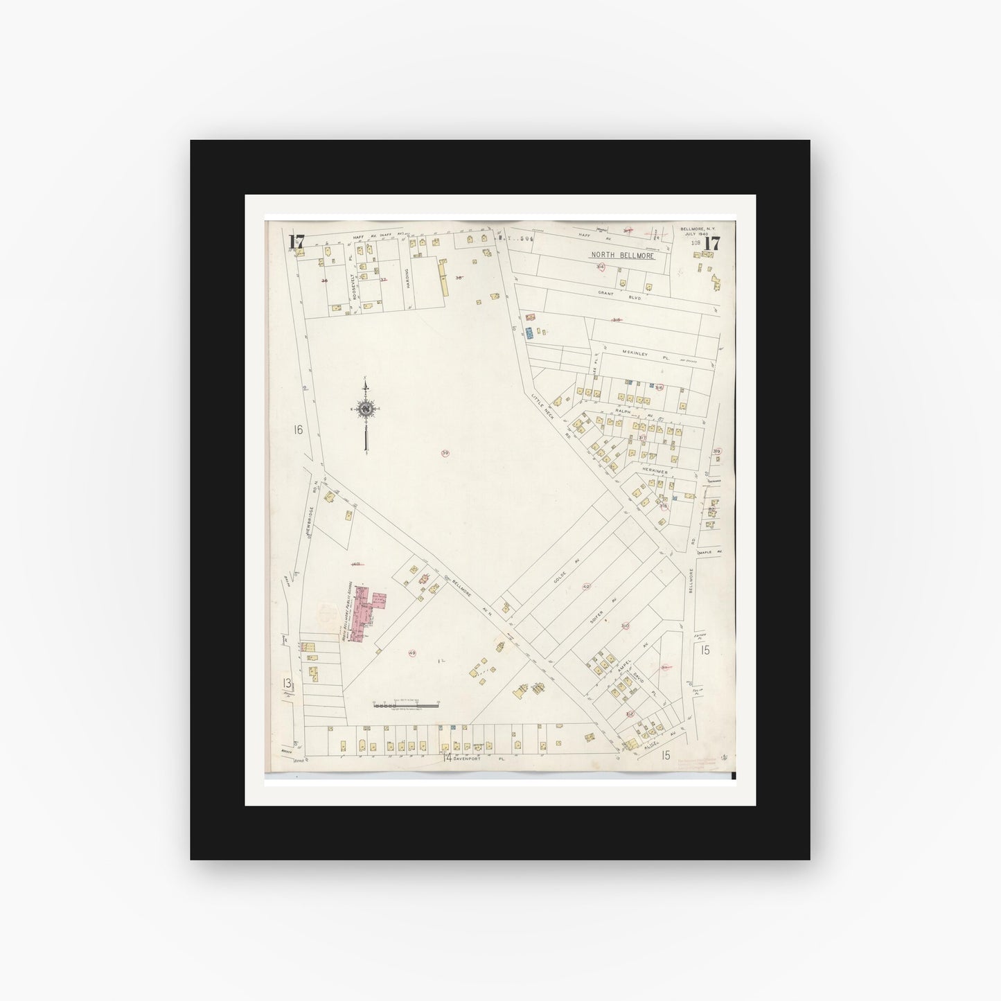 Old map wall art mockup — black gallery frame with white mat — Sanborn Fire Insurance Map from Bellmore, Nassau County, New York (1945), Sheet #0017
