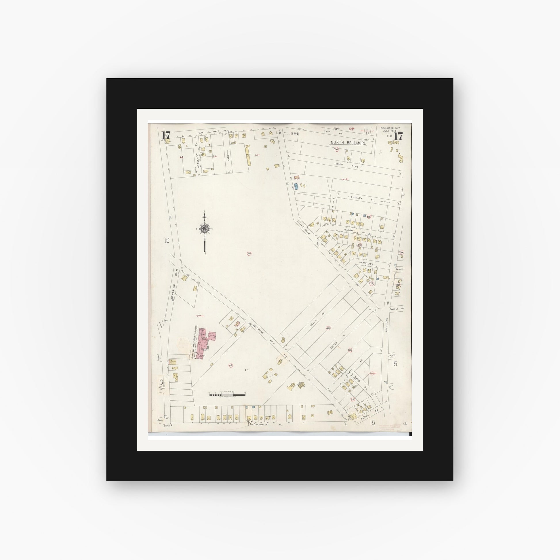 Old map wall art mockup — black gallery frame with white mat — Sanborn Fire Insurance Map from Bellmore, Nassau County, New York (1945), Sheet #0017