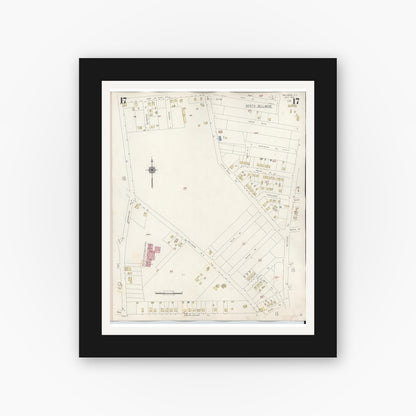 Old map wall art mockup — black gallery frame with white mat — Sanborn Fire Insurance Map from Bellmore, Nassau County, New York (1945), Sheet #0017