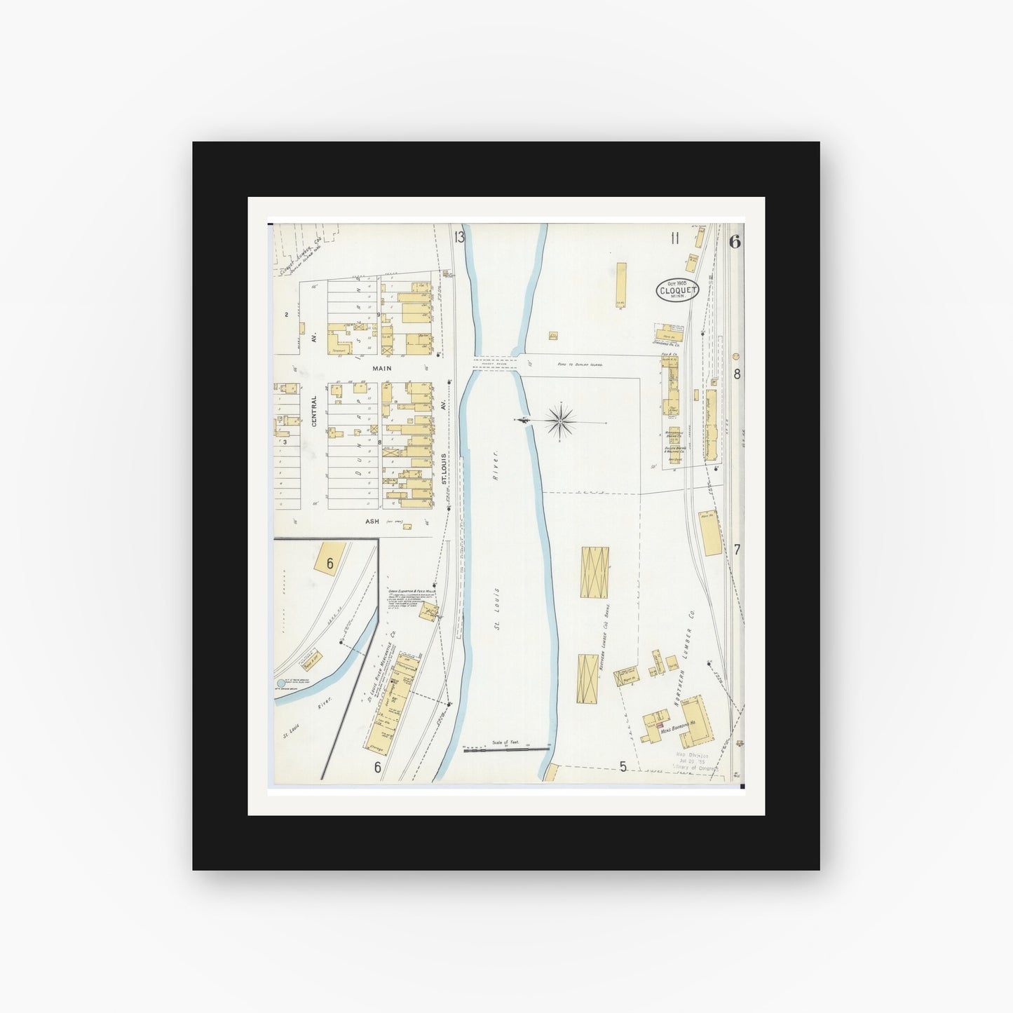 Old map wall art mockup — black gallery frame with white mat — Sanborn Fire Insurance Map from Cloquet, Carlton County, Minnesota (1905), Sheet #0006