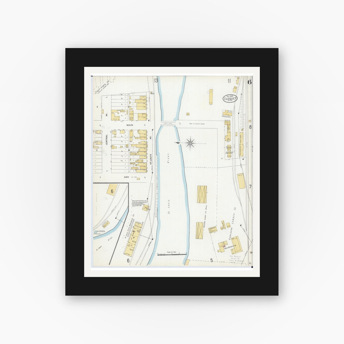 Old map wall art mockup — black gallery frame with white mat — Sanborn Fire Insurance Map from Cloquet, Carlton County, Minnesota (1905), Sheet #0006