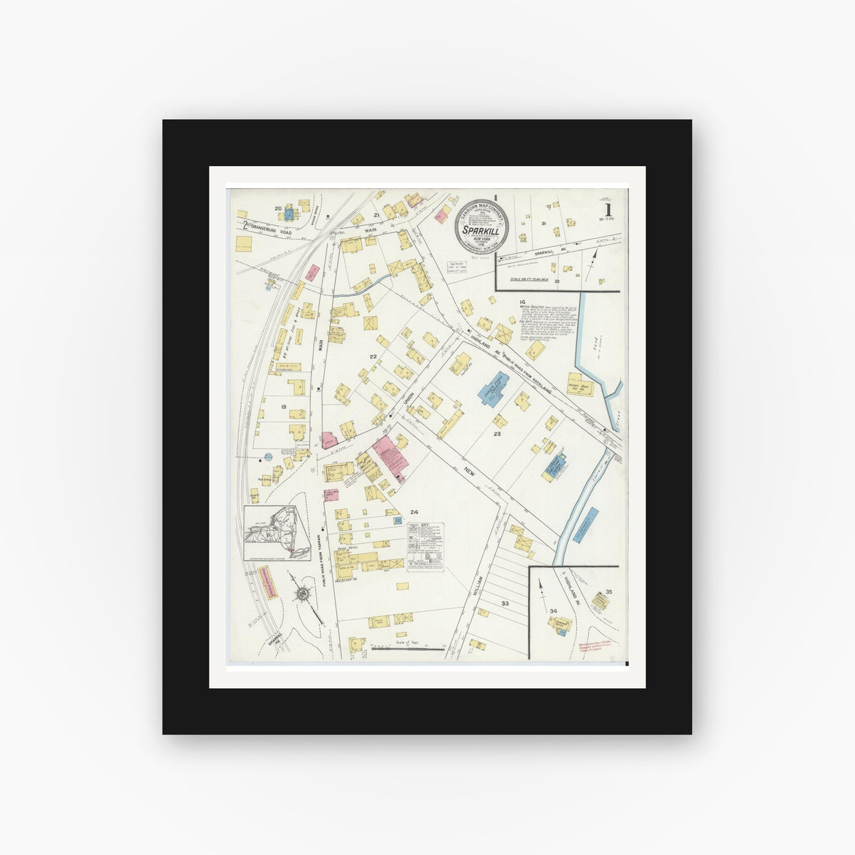 Old map wall art mockup — black gallery frame with white mat — Sanborn Fire Insurance Map from Sparkill, Rockland County, New York (1916) - Complete Map Set