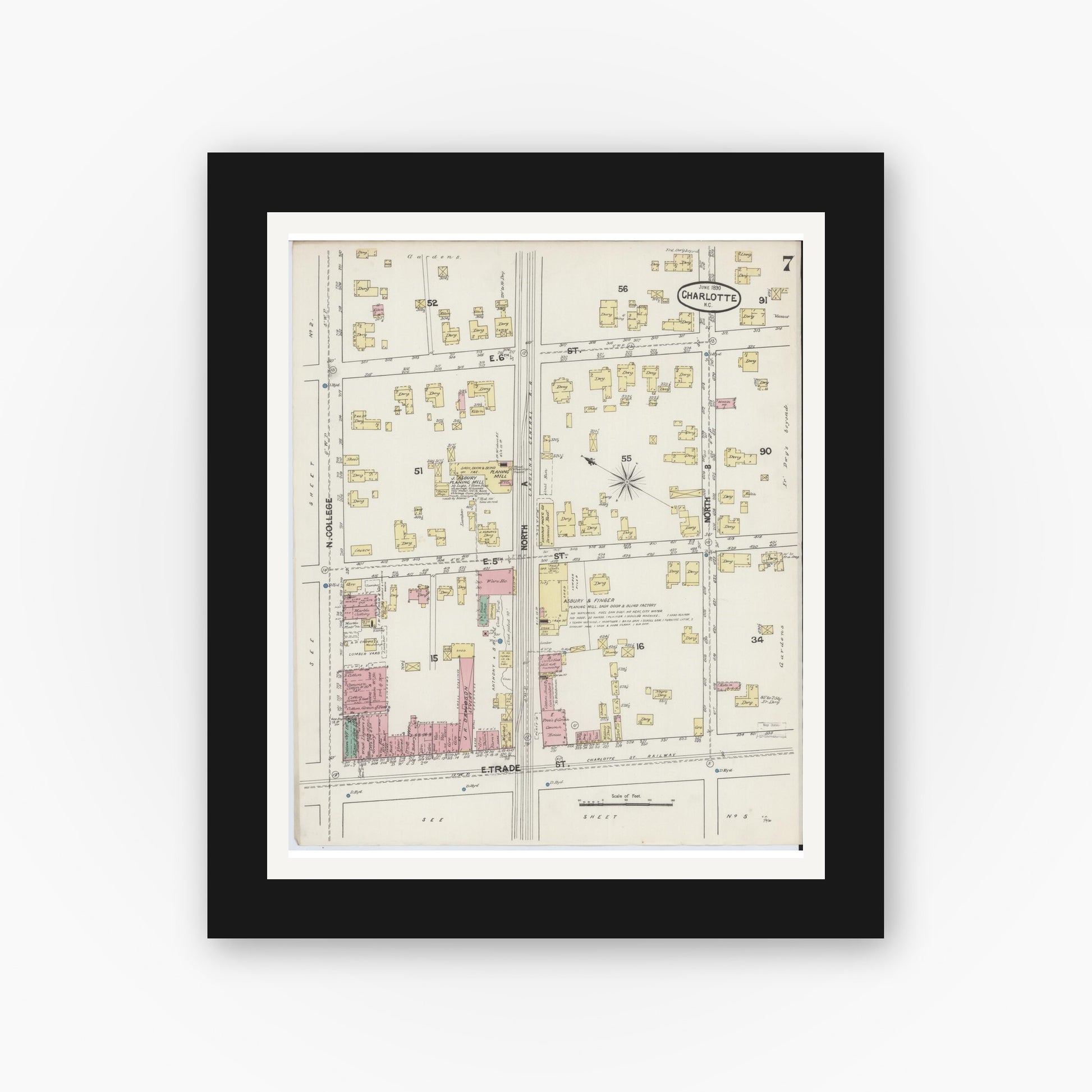 Old map wall art mockup — black gallery frame with white mat — Sanborn Fire Insurance Map from Charlotte, Mecklenburg County, North Carolina (1890), Sheet #0007