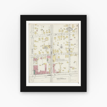 Old map wall art mockup — black gallery frame with white mat — Sanborn Fire Insurance Map from Charlotte, Mecklenburg County, North Carolina (1890), Sheet #0007