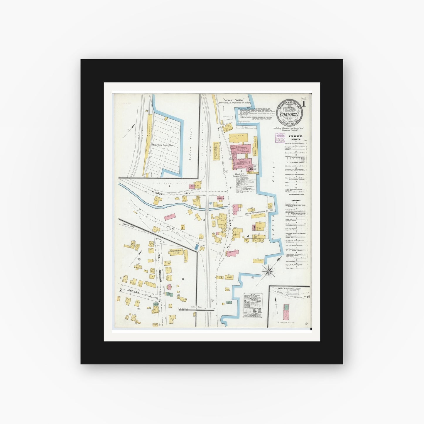 Old map wall art mockup — black gallery frame with white mat — Sanborn Fire Insurance Map from Cornwall, Orange County, New York (1905) - Complete Map Set