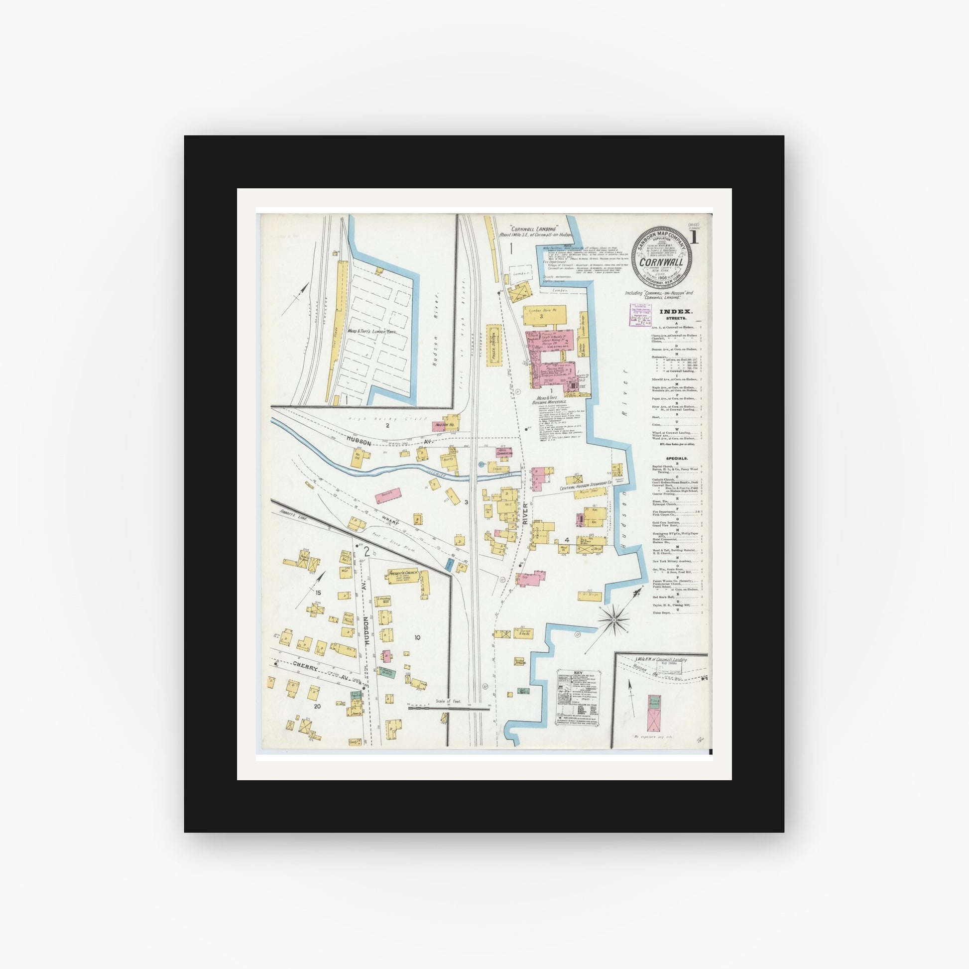 Old map wall art mockup — black gallery frame with white mat — Sanborn Fire Insurance Map from Cornwall, Orange County, New York (1905) - Complete Map Set