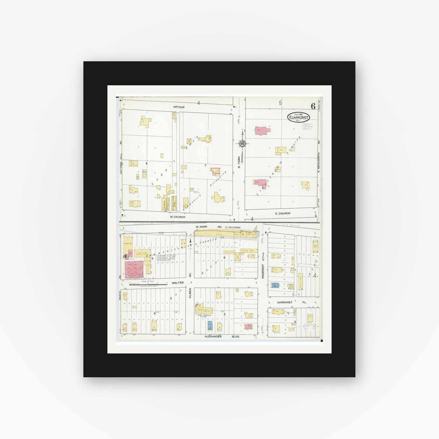 Old map wall art mockup — black gallery frame with white mat — Sanborn Fire Insurance Map from Elmhurst, Du Page County, Illinois (1918), Sheet #0006