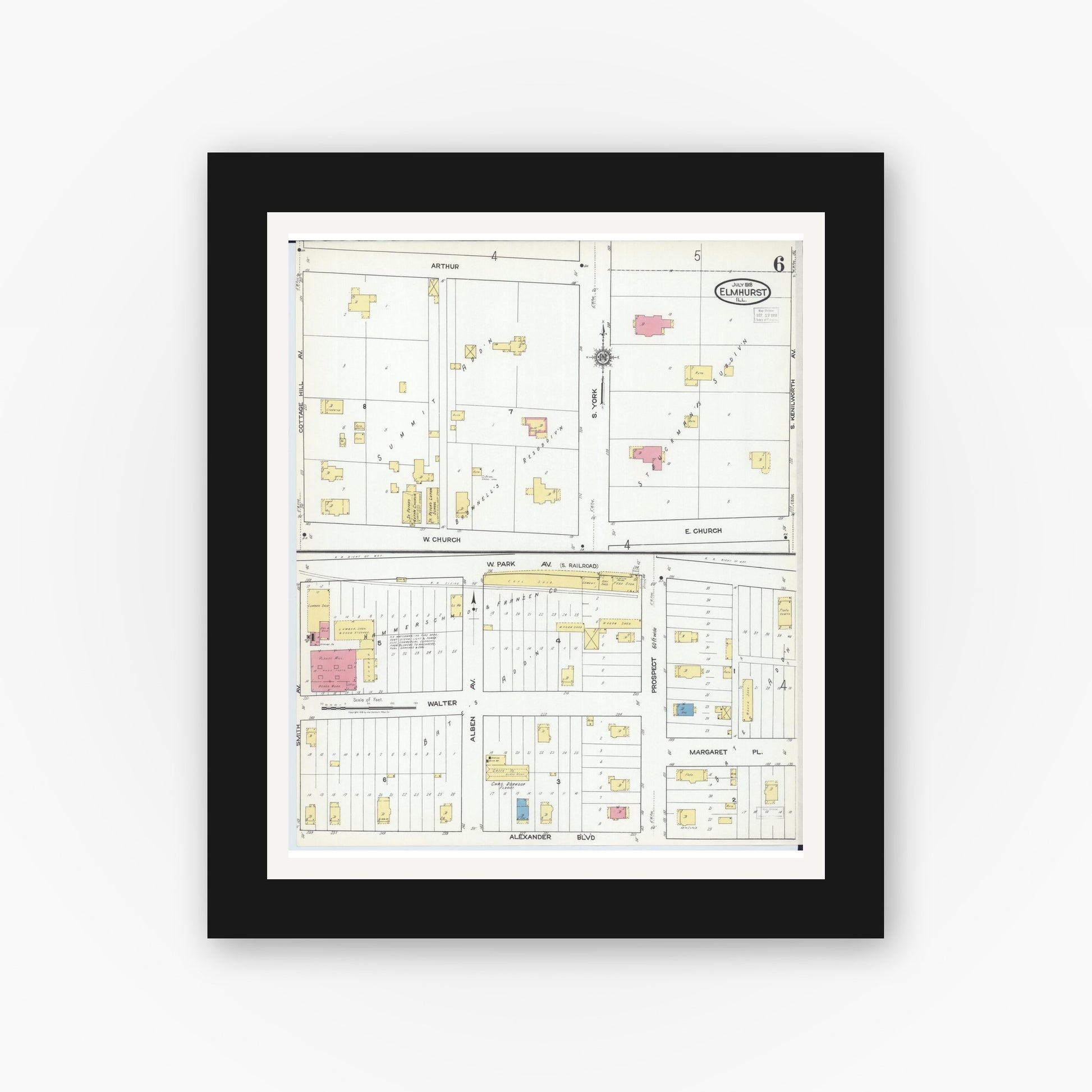 Old map wall art mockup — black gallery frame with white mat — Sanborn Fire Insurance Map from Elmhurst, Du Page County, Illinois (1918), Sheet #0006