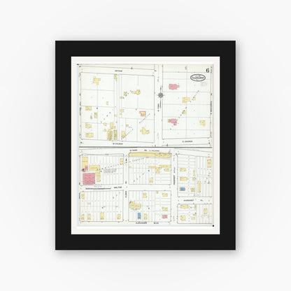 Old map wall art mockup — black gallery frame with white mat — Sanborn Fire Insurance Map from Elmhurst, Du Page County, Illinois (1918), Sheet #0006