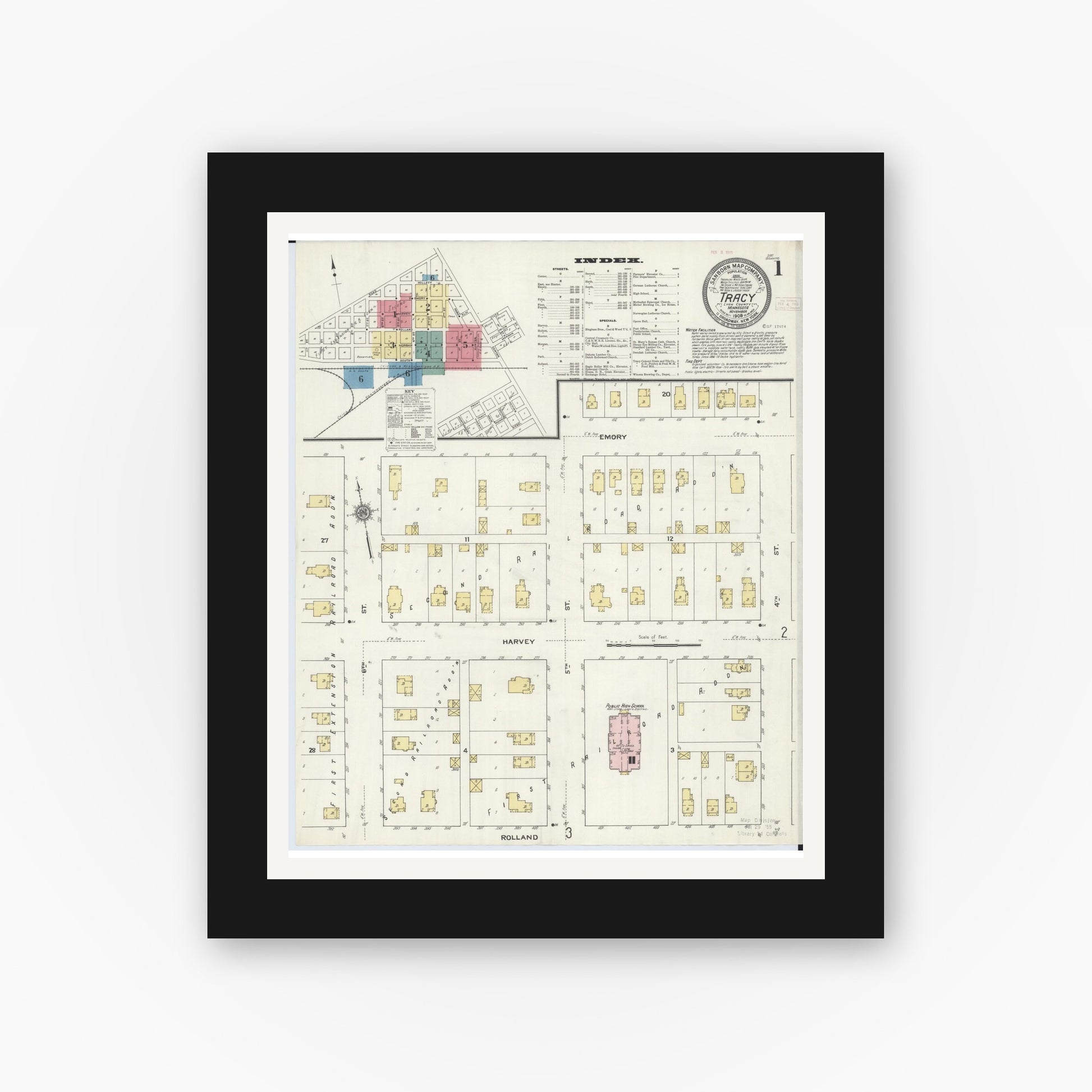 Old map wall art mockup — black gallery frame with white mat — Sanborn Fire Insurance Map from Tracy, Lyon County, Minnesota (1909) - Complete Map Set