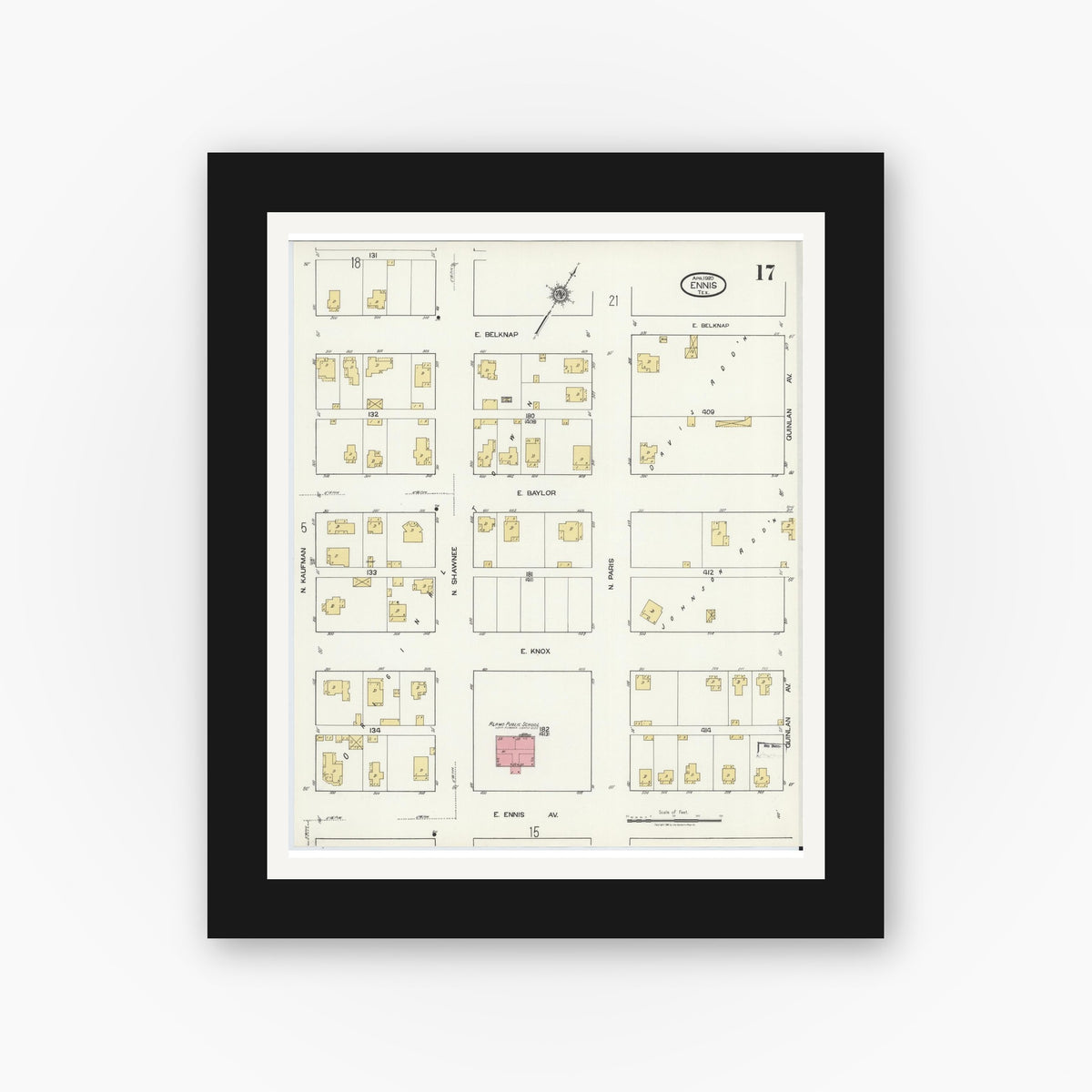 Old map wall art mockup — black gallery frame with white mat — Sanborn Fire Insurance Map from Ennis, Ellis County, Texas (1920), Sheet #0017