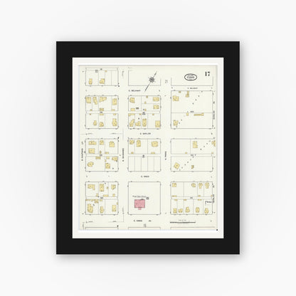 Old map wall art mockup — black gallery frame with white mat — Sanborn Fire Insurance Map from Ennis, Ellis County, Texas (1920), Sheet #0017