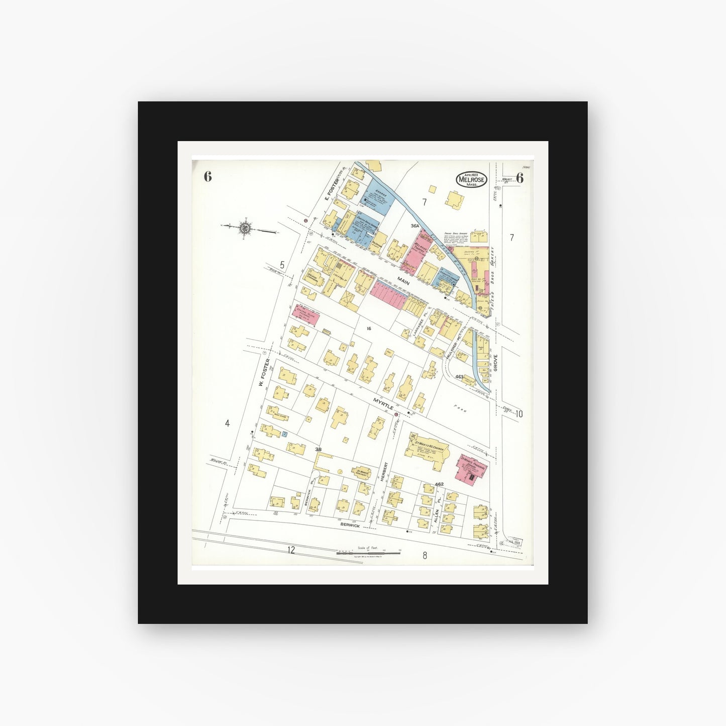 Old map wall art mockup — black gallery frame with white mat — Sanborn Fire Insurance Map from Melrose, Middlesex County, Massachusetts (1923), Sheet #0006