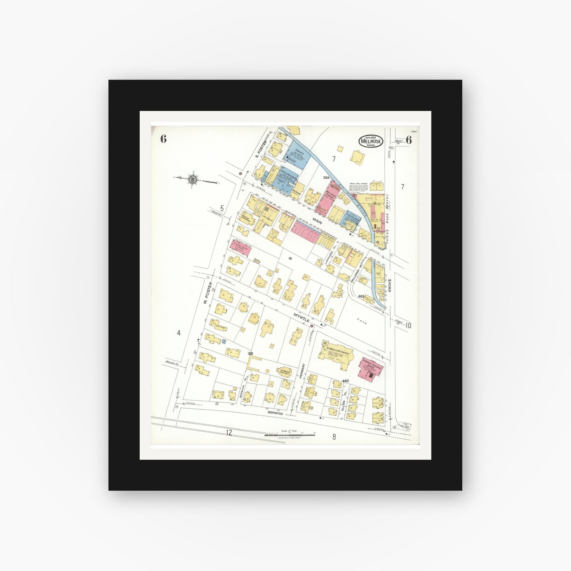 Old map wall art mockup — black gallery frame with white mat — Sanborn Fire Insurance Map from Melrose, Middlesex County, Massachusetts (1923), Sheet #0006