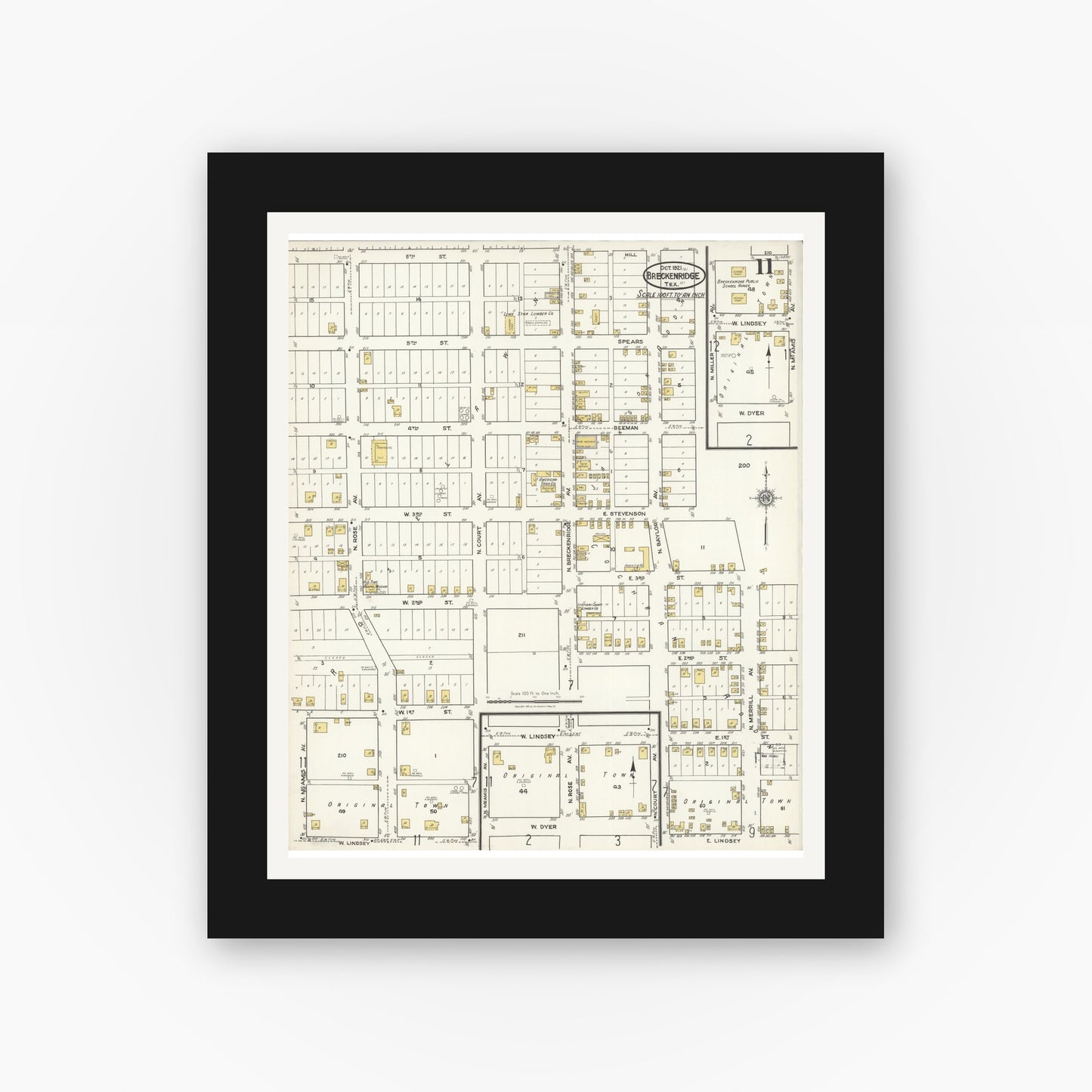 Old map wall art mockup — black gallery frame with white mat — Sanborn Fire Insurance Map from Breckenridge, Stephens County, Texas (1921), Sheet #0011