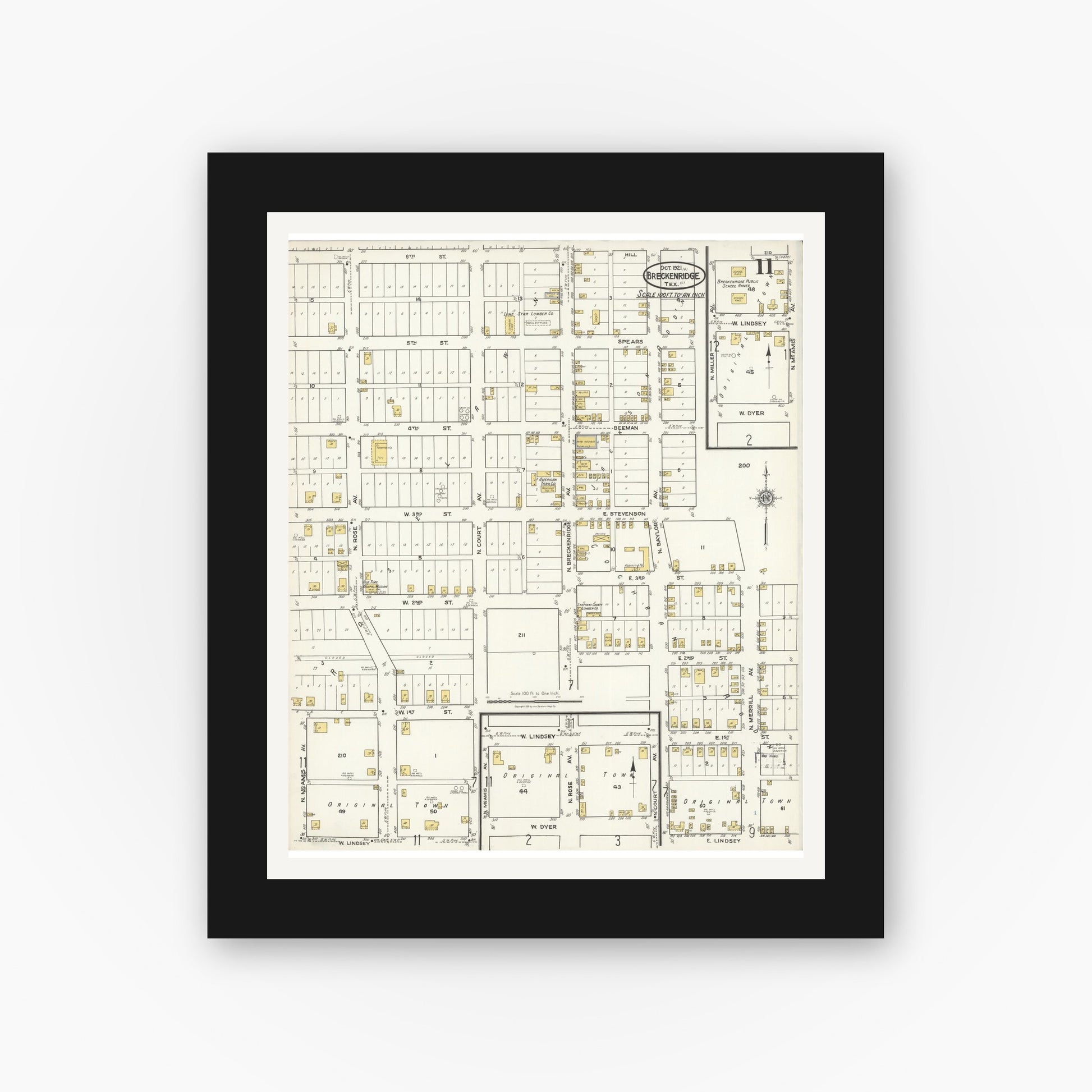 Old map wall art mockup — black gallery frame with white mat — Sanborn Fire Insurance Map from Breckenridge, Stephens County, Texas (1921), Sheet #0011