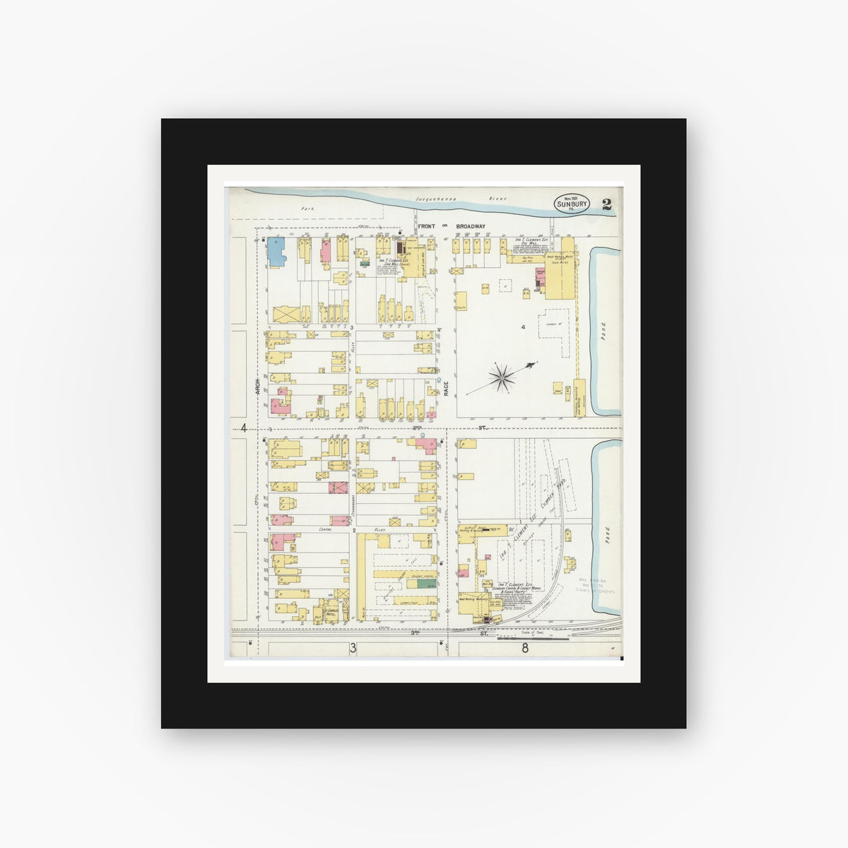 Old map wall art mockup — black gallery frame with white mat — Sanborn Fire Insurance Map from Sunbury, Northumberland County, Pennsylvania (1901), Sheet #0002