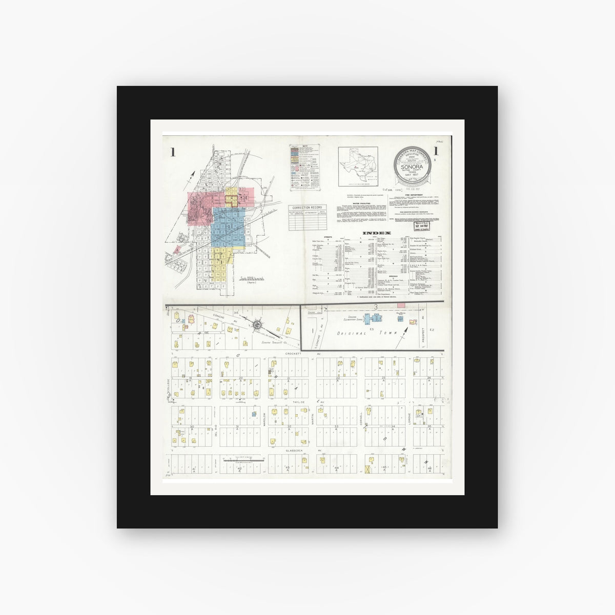 Old map wall art mockup — black gallery frame with white mat — Sanborn Fire Insurance Map from Sonora, Sutton County, Texas (1937), Sheet #0001