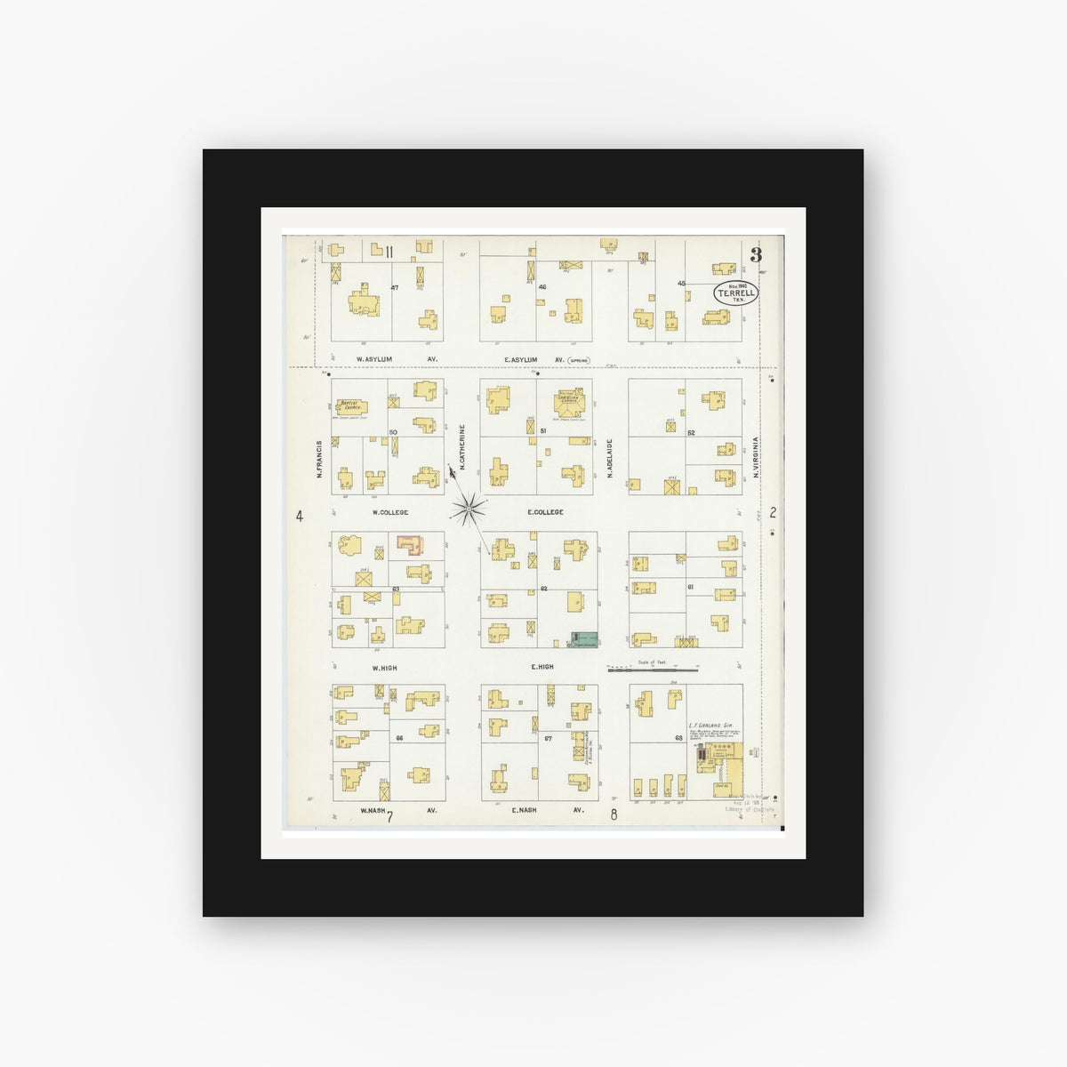 Old map wall art mockup — black gallery frame with white mat — Sanborn Fire Insurance Map from Terrell, Kaufman County, Texas (1902), Sheet #0003