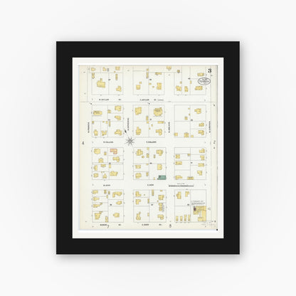 Old map wall art mockup — black gallery frame with white mat — Sanborn Fire Insurance Map from Terrell, Kaufman County, Texas (1902), Sheet #0003