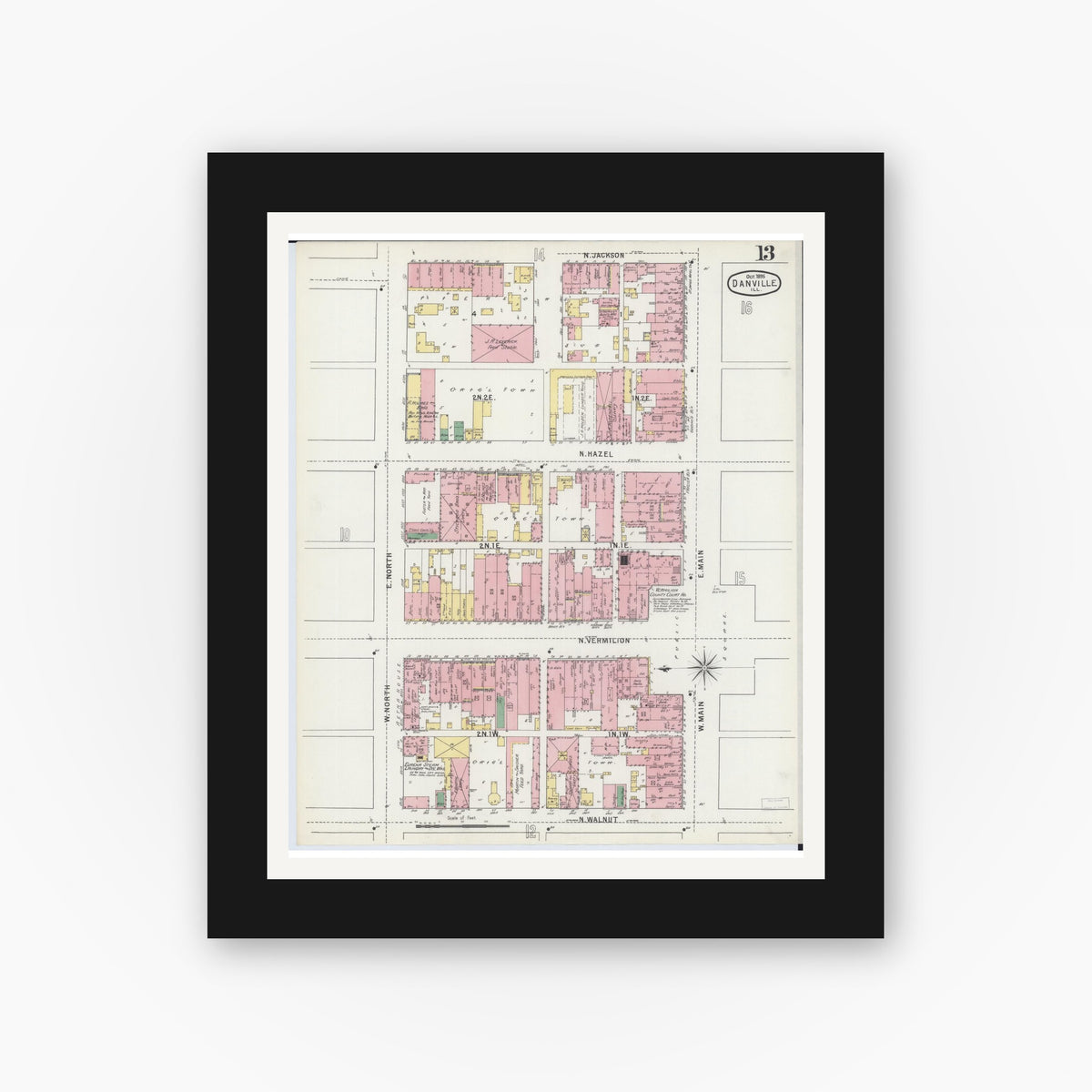 Old map wall art mockup — black gallery frame with white mat — Sanborn Fire Insurance Map from Danville, Vermilion County, Illinois (1895), Sheet #0013
