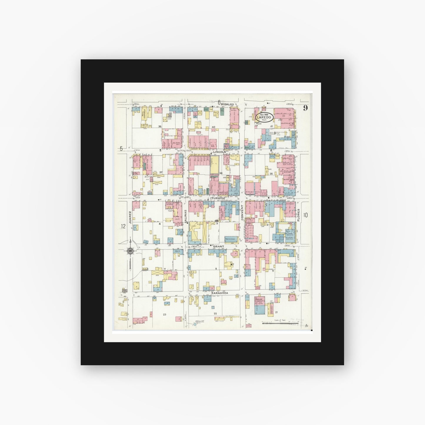 Old map wall art mockup — black gallery frame with white mat — Sanborn Fire Insurance Map from Laredo, Webb County, Texas (1909), Sheet #0009