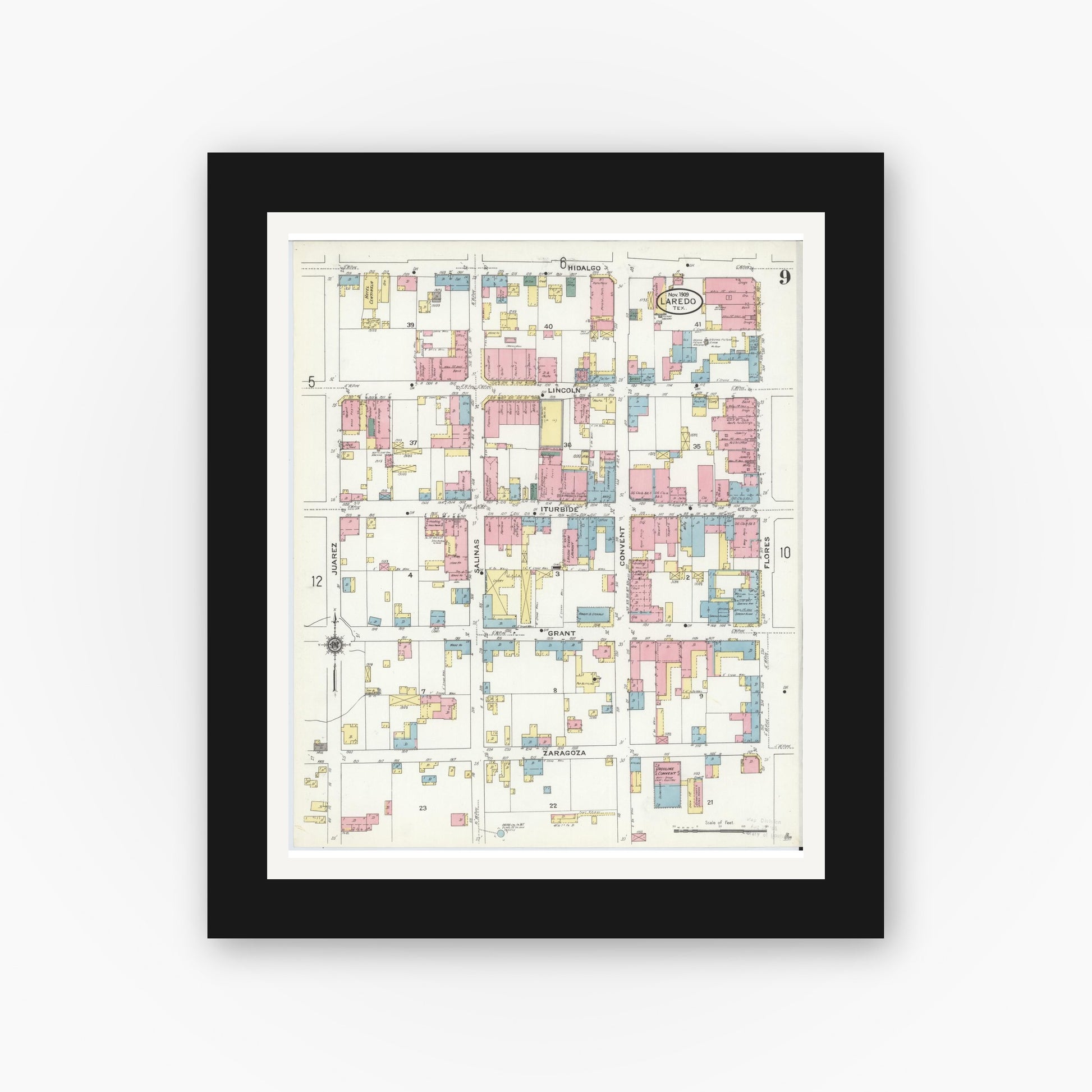 Old map wall art mockup — black gallery frame with white mat — Sanborn Fire Insurance Map from Laredo, Webb County, Texas (1909), Sheet #0009