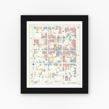 Old map wall art mockup — black gallery frame with white mat — Sanborn Fire Insurance Map from Laredo, Webb County, Texas (1909), Sheet #0009