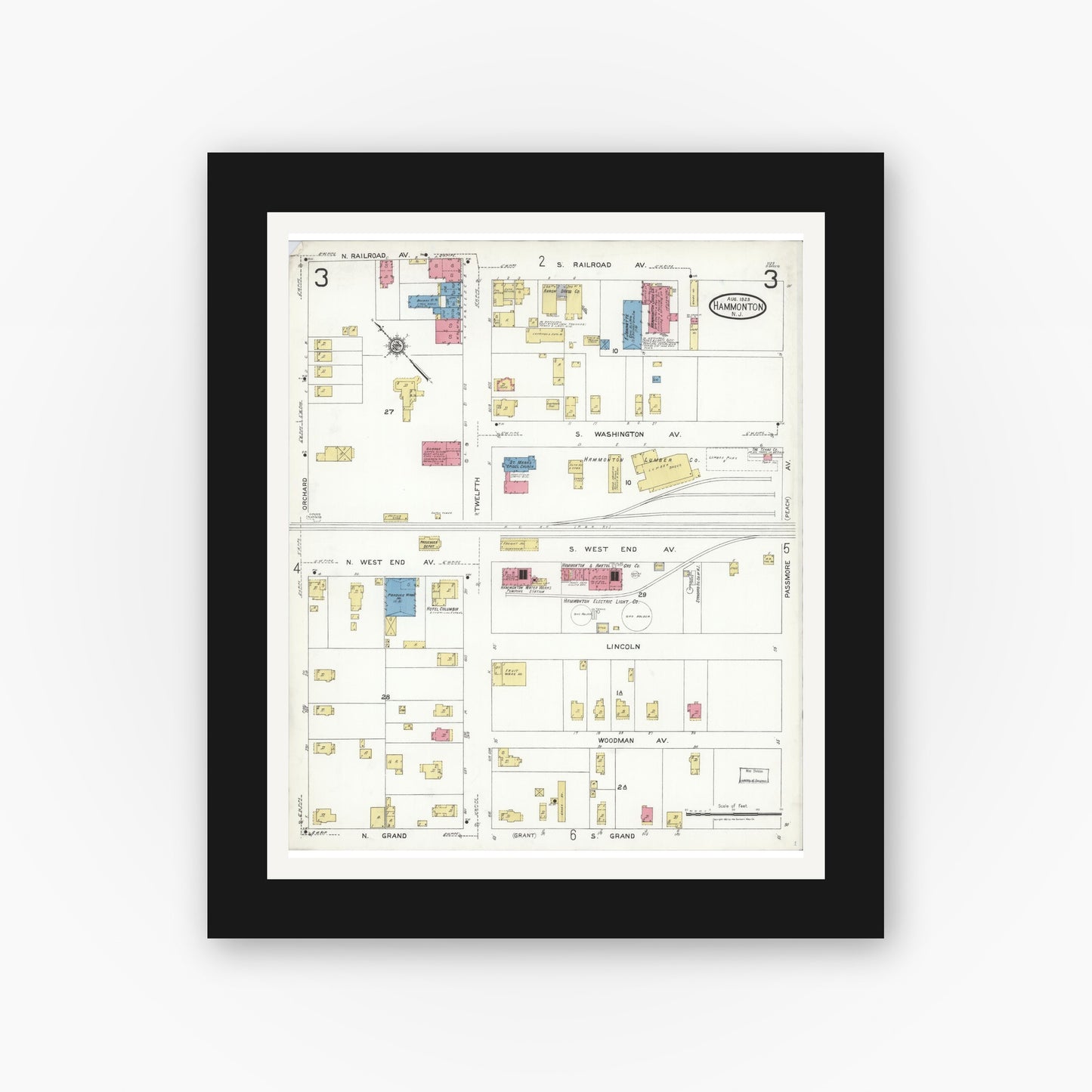 Old map wall art mockup — black gallery frame with white mat — Sanborn Fire Insurance Map from Hammonton, Atlantic County, New Jersey (1923), Sheet #0003