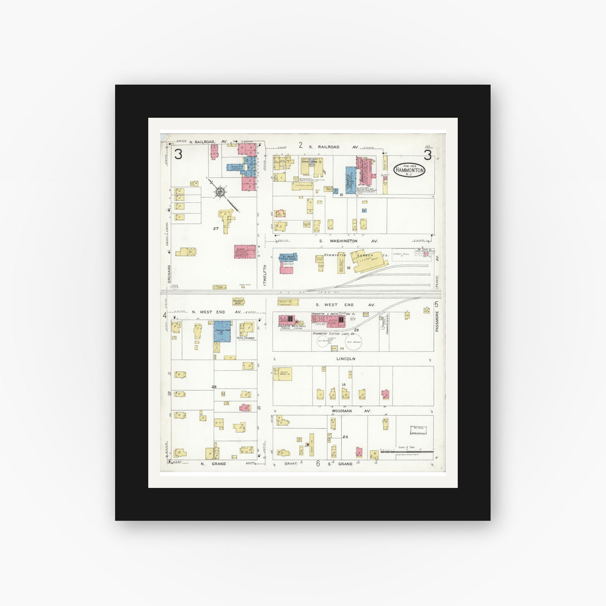 Old map wall art mockup — black gallery frame with white mat — Sanborn Fire Insurance Map from Hammonton, Atlantic County, New Jersey (1923), Sheet #0003