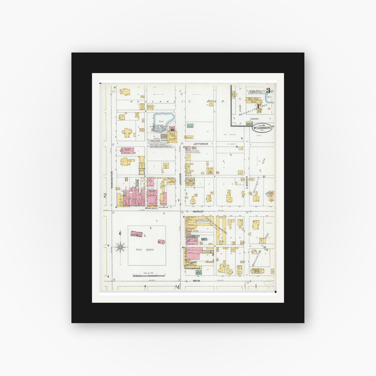 Old map wall art mockup — black gallery frame with white mat — Sanborn Fire Insurance Map from Mcleansboro, Hamilton County, Illinois (1900), Sheet #0003