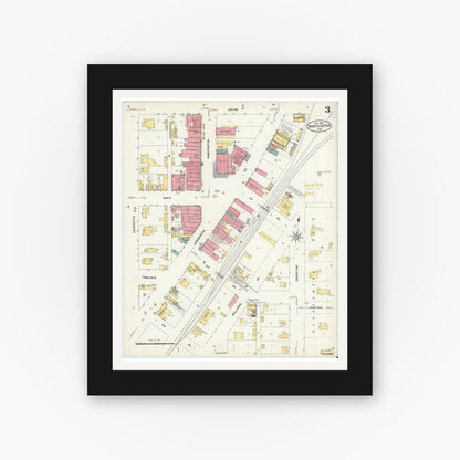 Old map wall art mockup — black gallery frame with white mat — Sanborn Fire Insurance Map from Worthington, Greene County, Indiana (1907), Sheet #0003