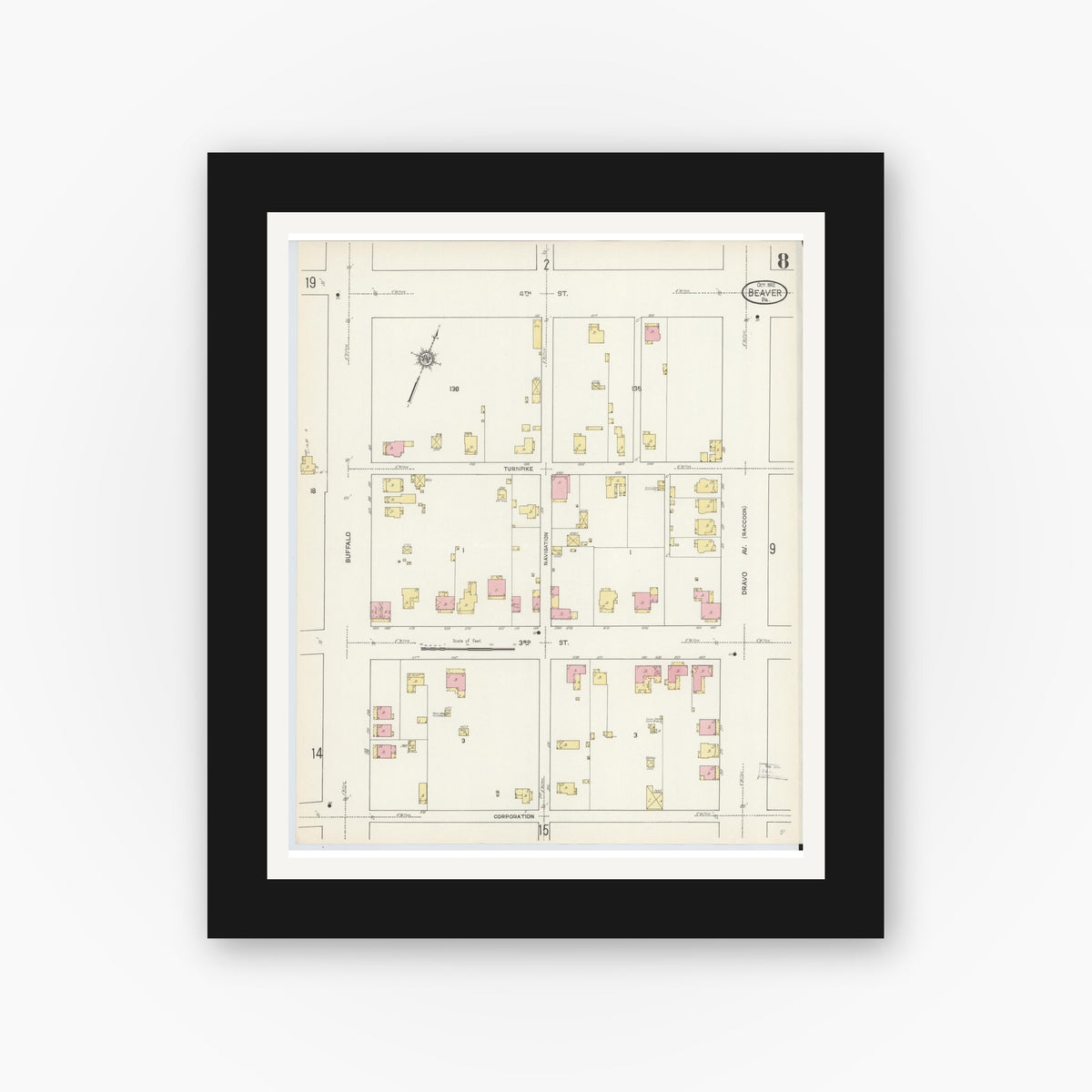Old map wall art mockup — black gallery frame with white mat — Sanborn Fire Insurance Map from Beaver, Beaver County, Pennsylvania (1912), Sheet #0008